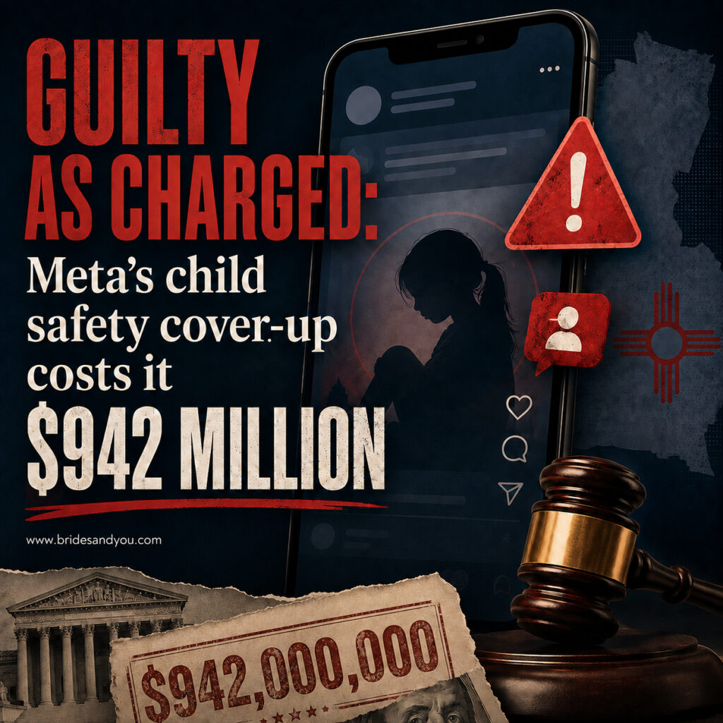Graphic reading "Guilty as Charged: Meta's child safety cover-up costs it $942 million" — the headline image for this article on the New Mexico legal case against Meta