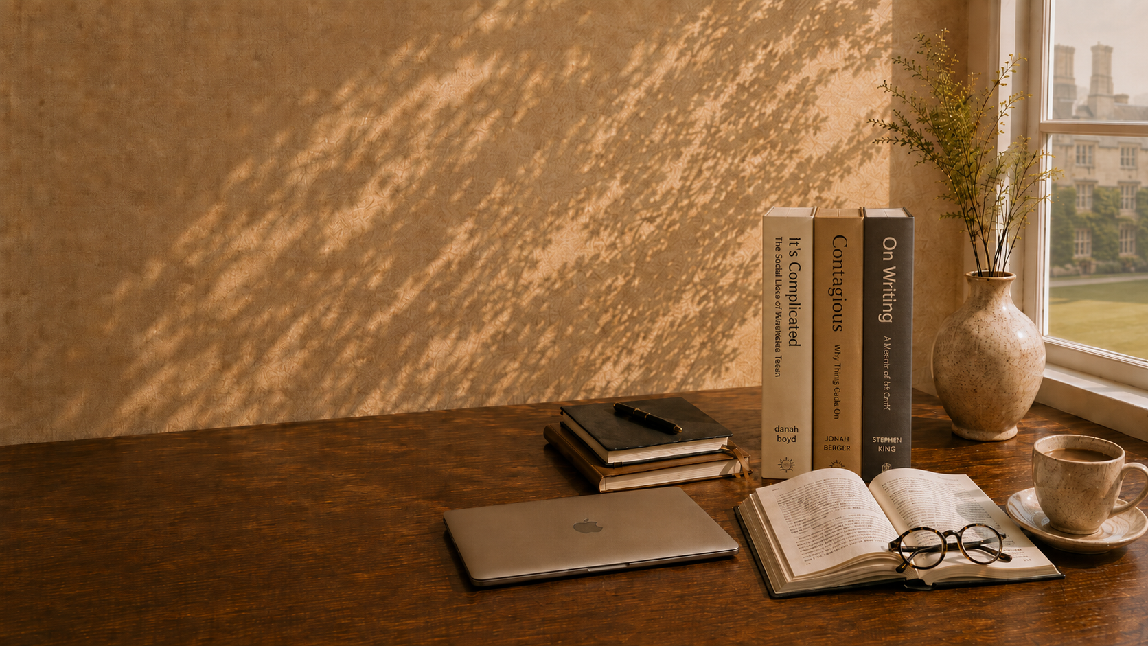 Editorial desk with books on digital media and AI, an open notebook, glasses, a laptop and coffee by a sunlit window.