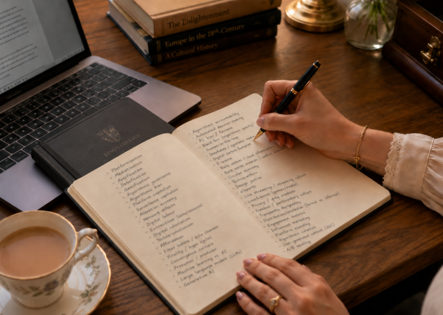 Hand writing research notes on AI bias, algorithmic accountability, and digital media ethics in a King's College notebook, beside an open laptop and history books